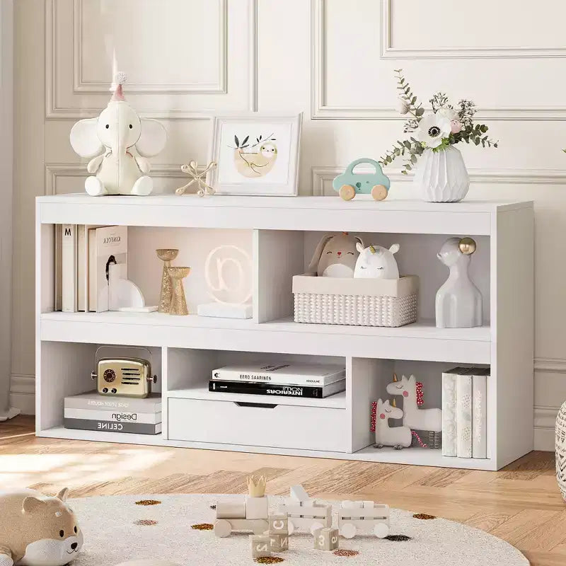COZONY 47 Toy Storage Organizer with Drawer, Wooden Kids Bookshelf & 5-Cube Bookcase, Toy Chest for Playroom, Nursery, Kids Room, Classroom