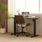 Sedia da ufficio senza braccioli, con seduta e schienale ampi e curvi, ergonomica, regolabile in altezza, elegante, in noce, in PU