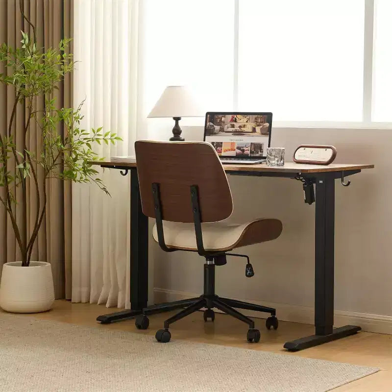 Sedia da ufficio senza braccioli, con seduta e schienale ampi e curvi, ergonomica, regolabile in altezza, elegante, in noce, in PU