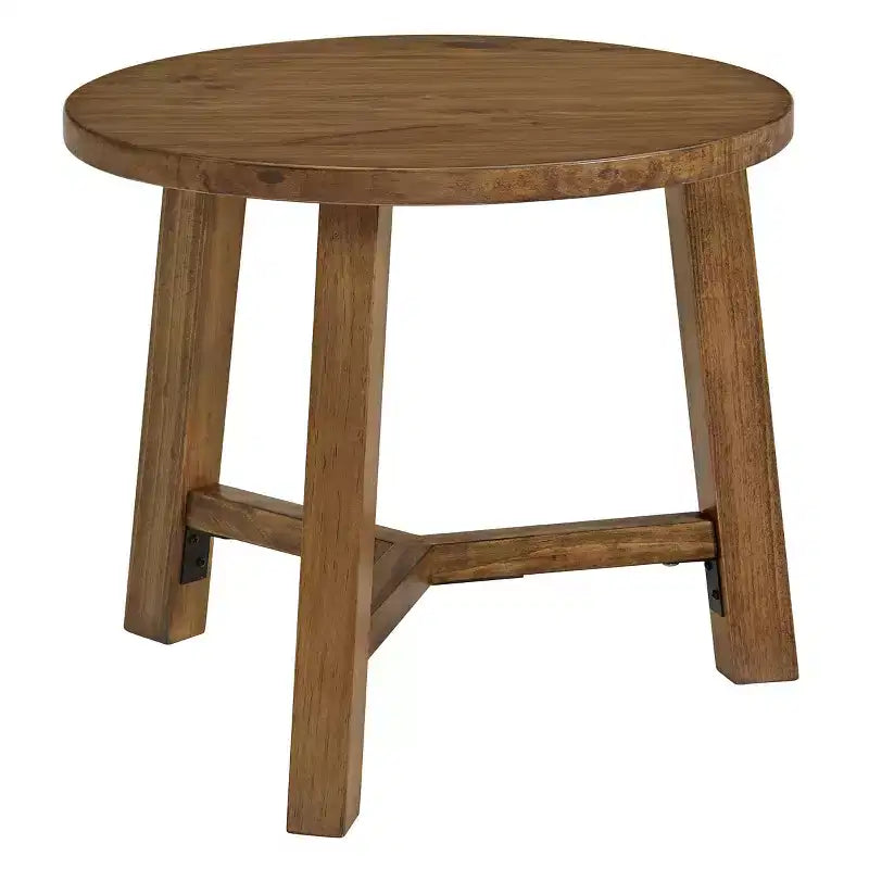Tavolino rotondo o comodino da 50 cm Newbury Collection, tavolino d'appoggio rustico in legno massello, finitura noce pecan