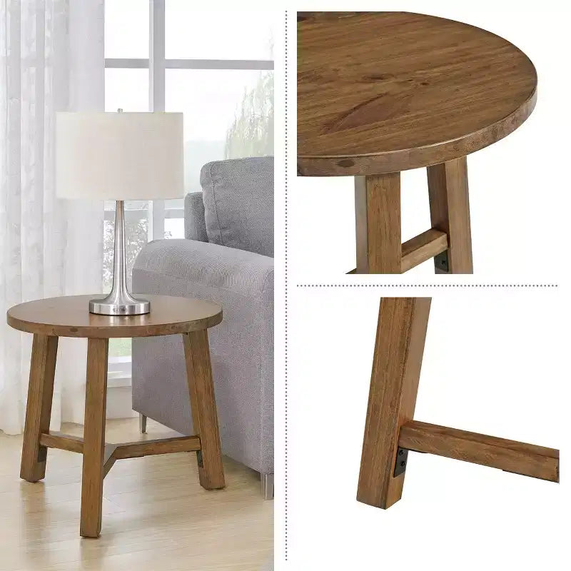 Tavolino rotondo o comodino da 50 cm Newbury Collection, tavolino d'appoggio rustico in legno massello, finitura noce pecan