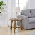 Tavolino rotondo o comodino da 50 cm Newbury Collection, tavolino d'appoggio rustico in legno massello, finitura noce pecan