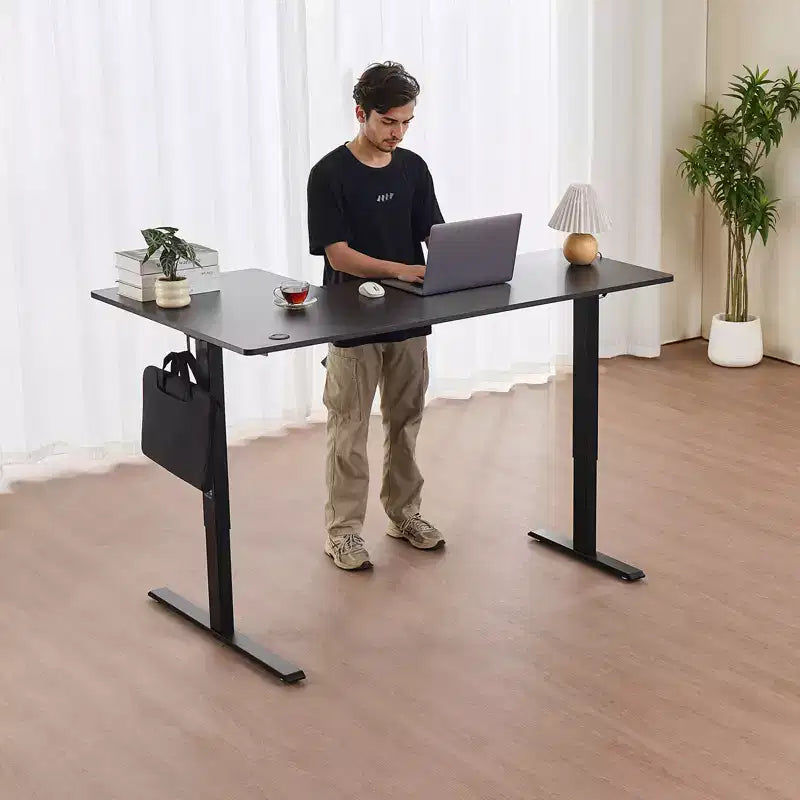 Scrivania a L, scrivania angolare da gaming elettrica ad altezza regolabile con doppi ganci, tavolo per computer a L in acciaio al carbonio per impieghi gravosi, nero