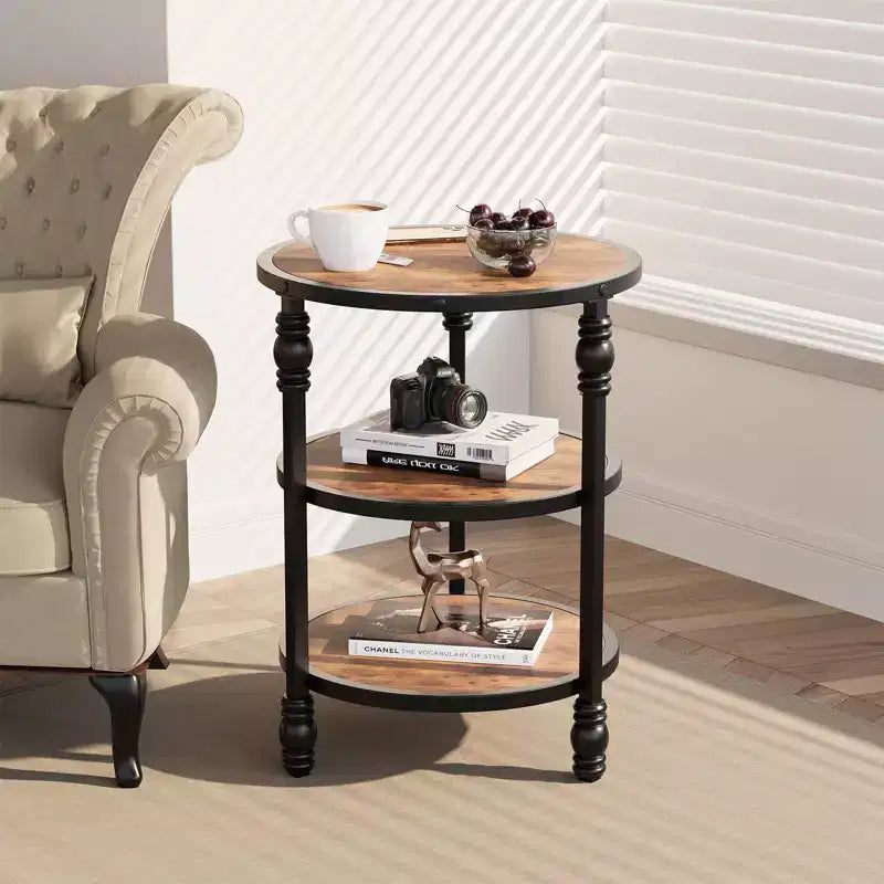 COZONY Round 3-Tier End Table with Storage Shelf - Rustic Brown Industrial Coffee Table for Living Room & Bedroom