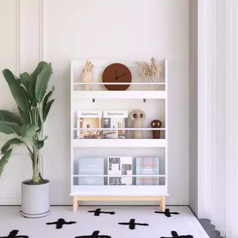 Wall-Mounted Kids Bookshelf with 3 Front-Facing Display Shelves, Modern White Book Rack