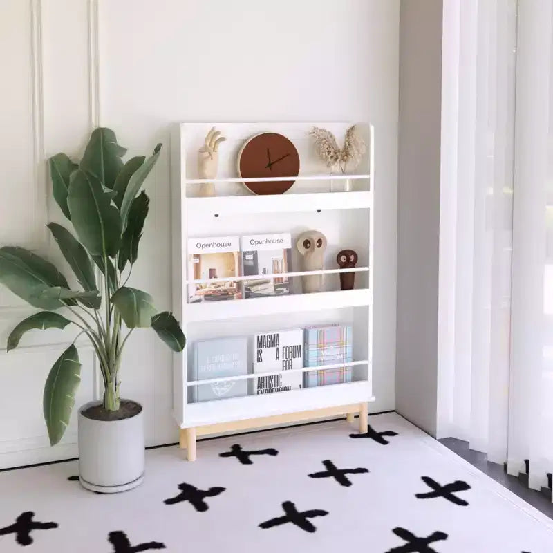 Libreria da parete per bambini con 3 ripiani espositivi frontali, scaffale portafacile moderno bianco