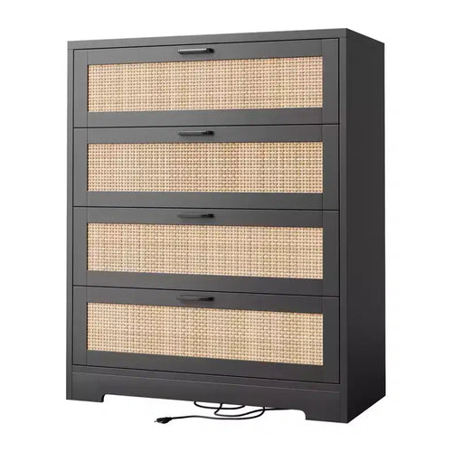 COZONY 4 Drawer Dresser for Bedroom, Rattan Tall Chest with Power Outlets, Modern Wood Drawer Organizer with Metal Handles for Living Room, Closet