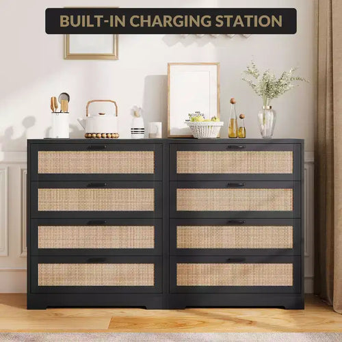 Comò a 4 Cassetti per Camera da Letto, Cassettiera Alta in Rattan con Prese di Corrente, Organizzatore Moderno in Legno con Maniglie in Metallo per Soggiorno, Armadio