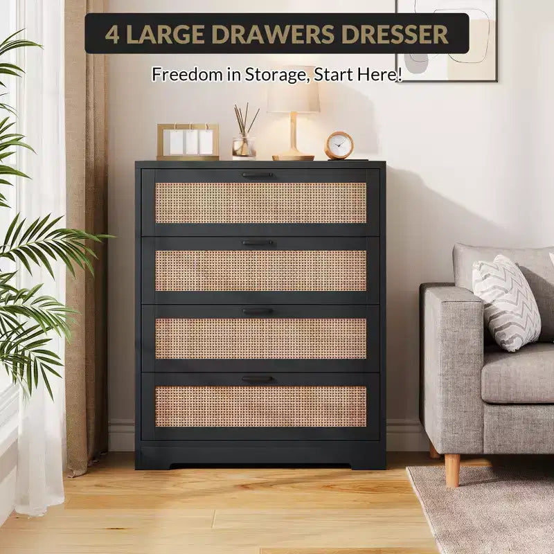 Comò a 4 Cassetti per Camera da Letto, Cassettiera Alta in Rattan con Prese di Corrente, Organizzatore Moderno in Legno con Maniglie in Metallo per Soggiorno, Armadio