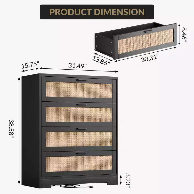 Comò a 4 Cassetti per Camera da Letto, Cassettiera Alta in Rattan con Prese di Corrente, Organizzatore Moderno in Legno con Maniglie in Metallo per Soggiorno, Armadio