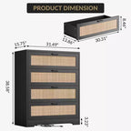 Comò a 4 Cassetti per Camera da Letto, Cassettiera Alta in Rattan con Prese di Corrente, Organizzatore Moderno in Legno con Maniglie in Metallo per Soggiorno, Armadio