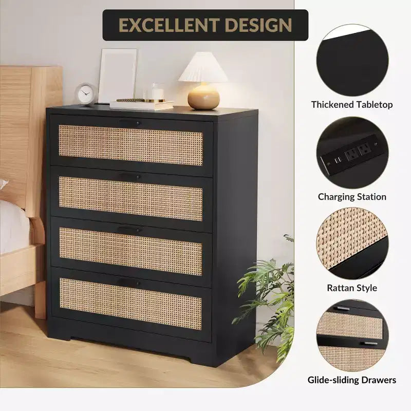 Comò a 4 Cassetti per Camera da Letto, Cassettiera Alta in Rattan con Prese di Corrente, Organizzatore Moderno in Legno con Maniglie in Metallo per Soggiorno, Armadio