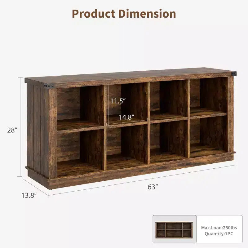 Libreria in legno da 62 pollici, libreria a 3 ripiani con 8 cubi contenitori