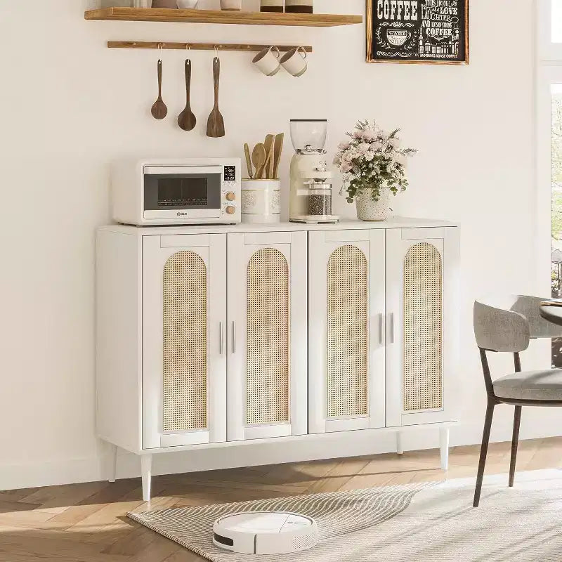 Credenza moderna con vani contenitore, madia da cucina con 4 ante, mobiletto bar con ripiano regolabile per sala da pranzo, soggiorno