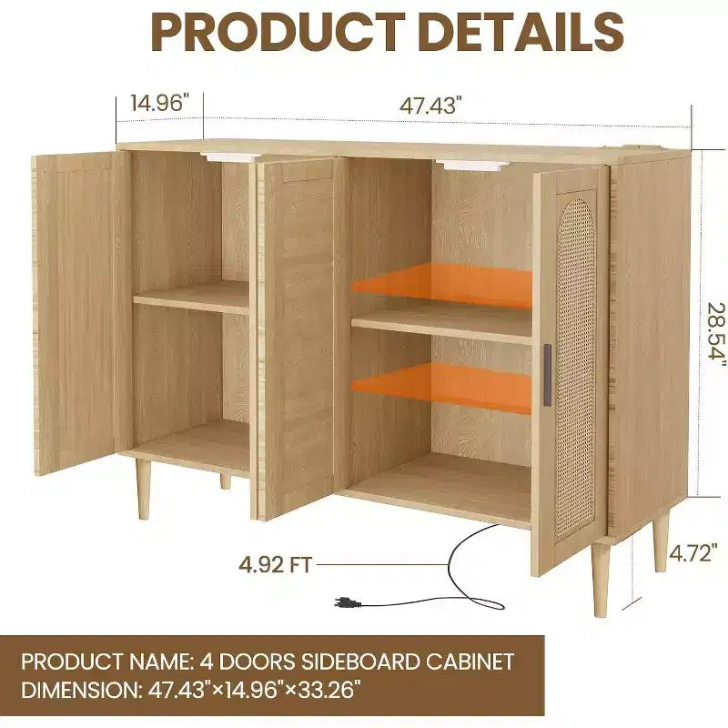 Credenza moderna con vani contenitore, madia da cucina con 4 ante, mobiletto bar con ripiano regolabile per sala da pranzo, soggiorno