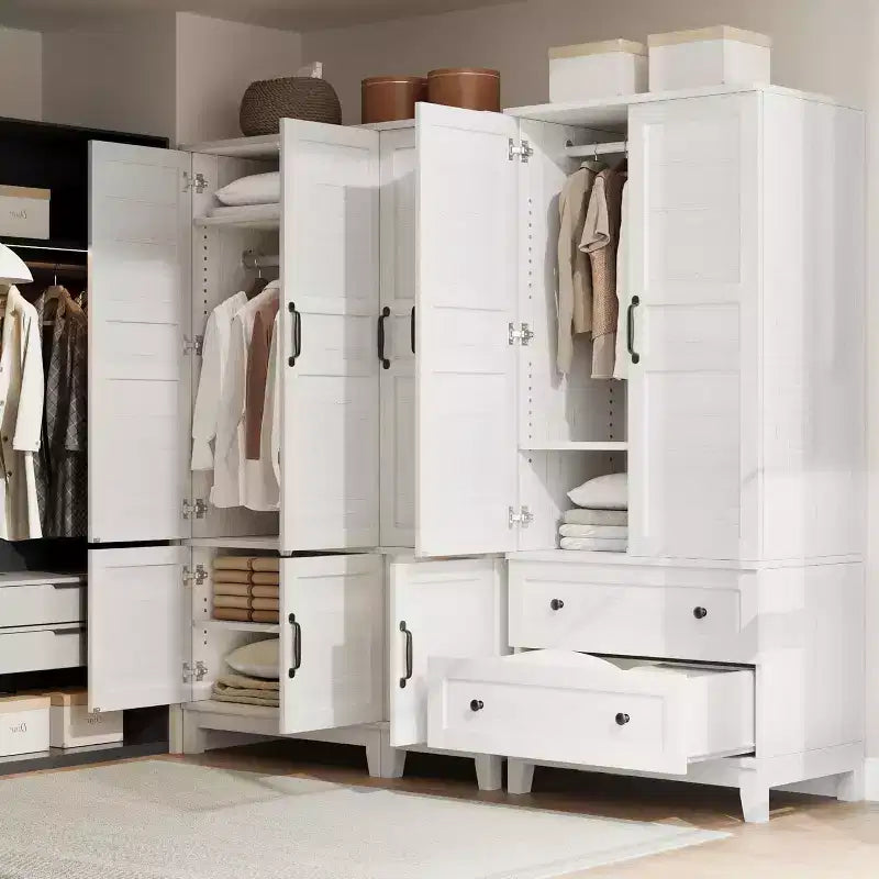 Armadio guardaroba da 72" con 2 cassetti, bastone appendiabiti e 18 ripiani regolabili, armadio alto in legno con ante per riporre vestiti in camera da letto