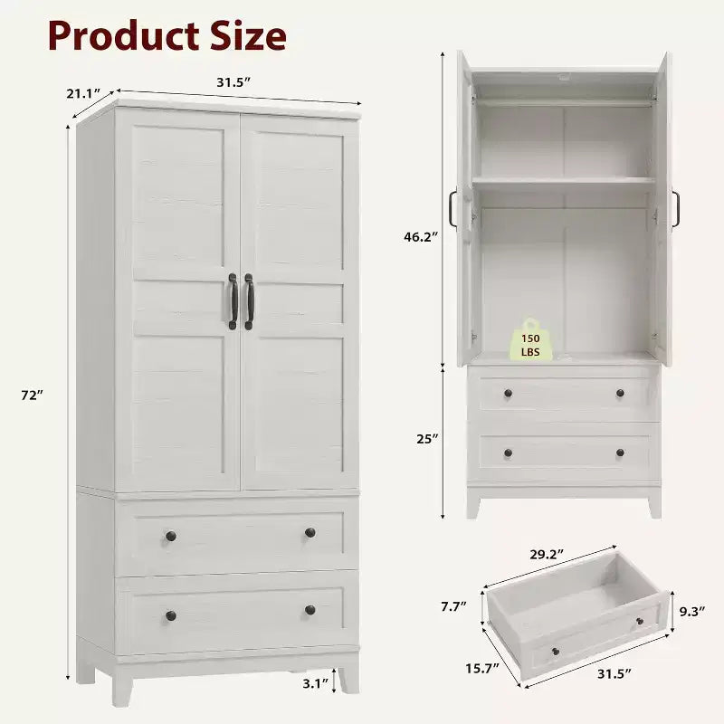 Armadio guardaroba da 72" con 2 cassetti, bastone appendiabiti e 18 ripiani regolabili, armadio alto in legno con ante per riporre vestiti in camera da letto