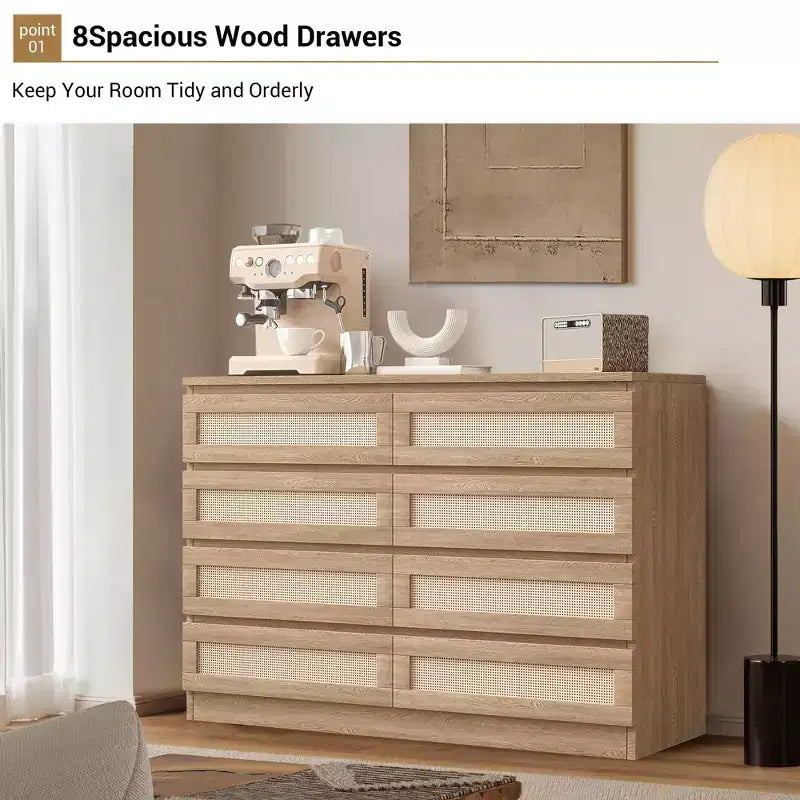 Comò in Rattan per Camera da Letto, Comò Doppio a 8 Cassetti con Guide Metalliche Scorrevoli, Cassettiera Moderna in Legno per Cabina Armadio, Soggiorno, Corridoio