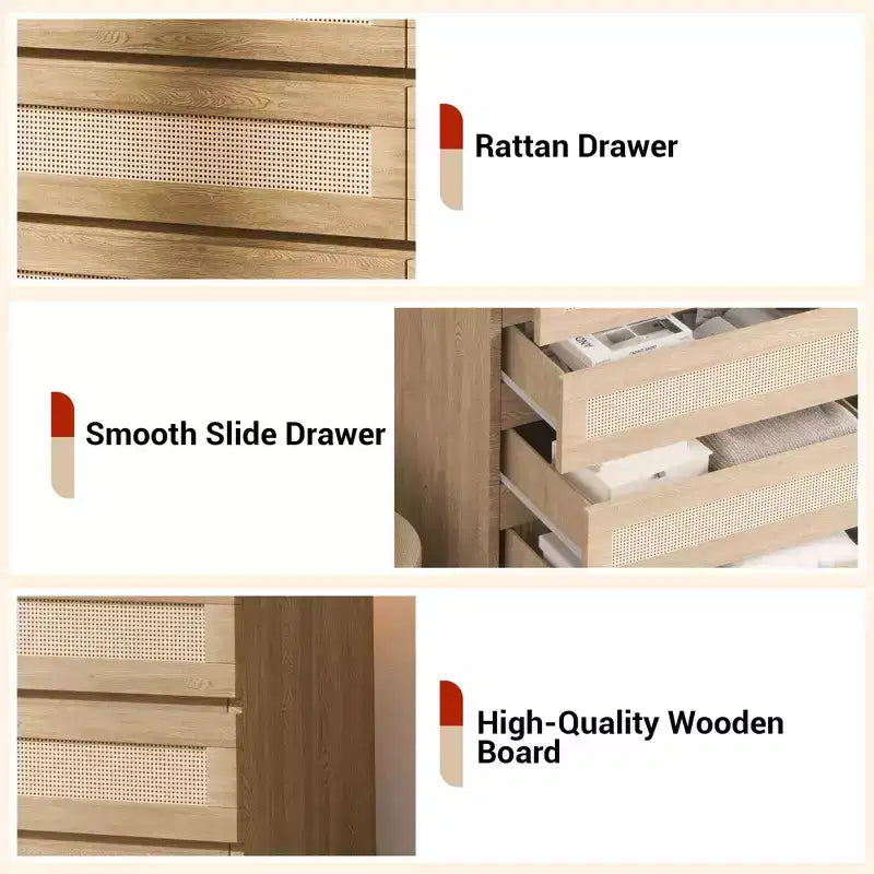 Comò in Rattan per Camera da Letto, Comò Doppio a 8 Cassetti con Guide Metalliche Scorrevoli, Cassettiera Moderna in Legno per Cabina Armadio, Soggiorno, Corridoio