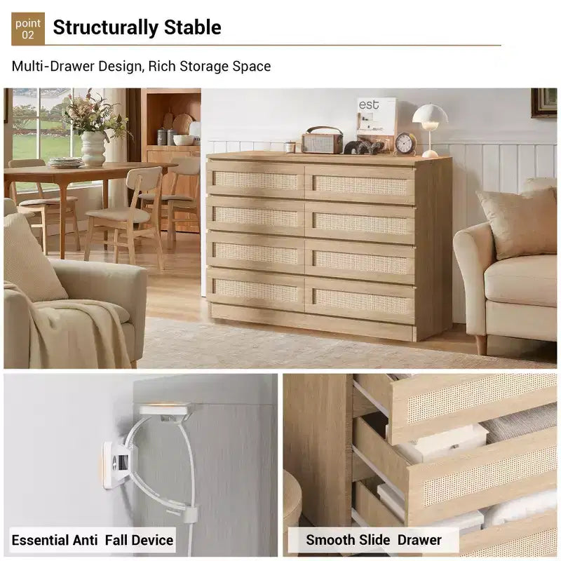 Comò in Rattan per Camera da Letto, Comò Doppio a 8 Cassetti con Guide Metalliche Scorrevoli, Cassettiera Moderna in Legno per Cabina Armadio, Soggiorno, Corridoio