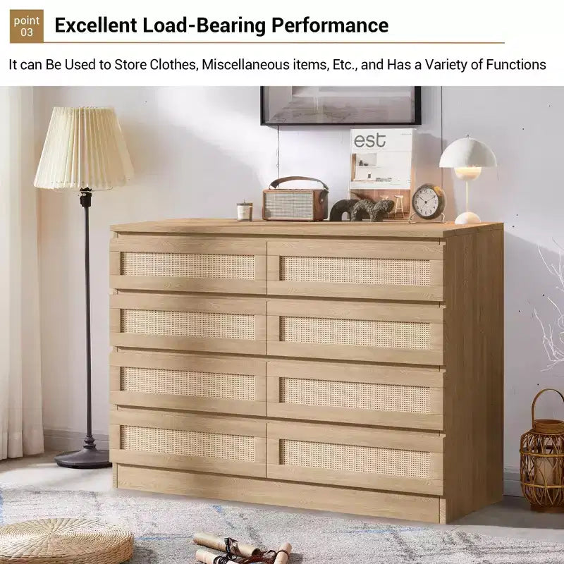 Comò in Rattan per Camera da Letto, Comò Doppio a 8 Cassetti con Guide Metalliche Scorrevoli, Cassettiera Moderna in Legno per Cabina Armadio, Soggiorno, Corridoio