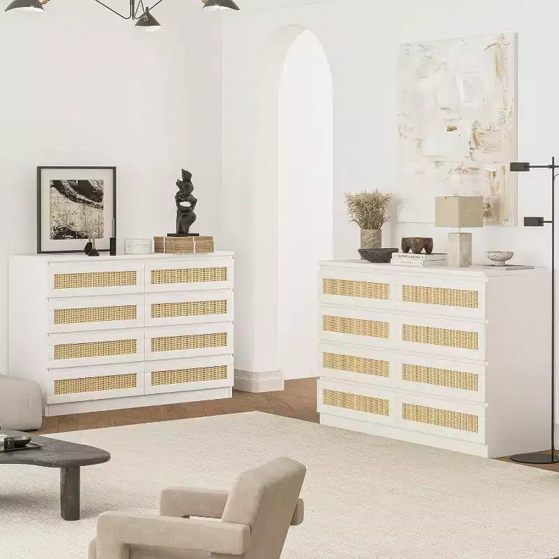 Comò in Rattan per Camera da Letto, Comò Doppio a 8 Cassetti con Guide Metalliche Scorrevoli, Cassettiera Moderna in Legno per Cabina Armadio, Soggiorno, Corridoio