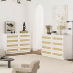 Comò in Rattan per Camera da Letto, Comò Doppio a 8 Cassetti con Guide Metalliche Scorrevoli, Cassettiera Moderna in Legno per Cabina Armadio, Soggiorno, Corridoio