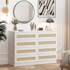 Comò in Rattan per Camera da Letto, Comò Doppio a 8 Cassetti con Guide Metalliche Scorrevoli, Cassettiera Moderna in Legno per Cabina Armadio, Soggiorno, Corridoio