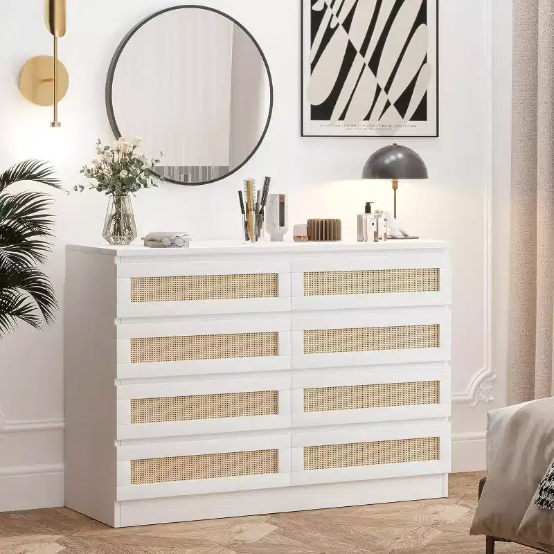 Comò in Rattan per Camera da Letto, Comò Doppio a 8 Cassetti con Guide Metalliche Scorrevoli, Cassettiera Moderna in Legno per Cabina Armadio, Soggiorno, Corridoio