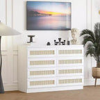 Comò in Rattan per Camera da Letto, Comò Doppio a 8 Cassetti con Guide Metalliche Scorrevoli, Cassettiera Moderna in Legno per Cabina Armadio, Soggiorno, Corridoio