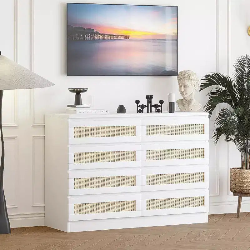 Comò in Rattan per Camera da Letto, Comò Doppio a 8 Cassetti con Guide Metalliche Scorrevoli, Cassettiera Moderna in Legno per Cabina Armadio, Soggiorno, Corridoio