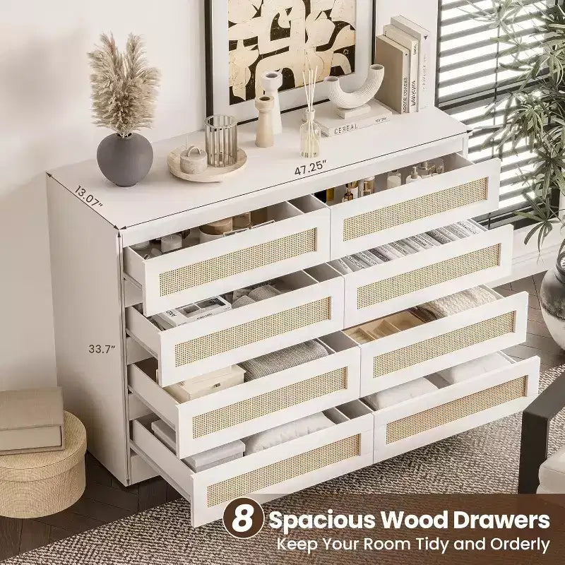Comò in Rattan per Camera da Letto, Comò Doppio a 8 Cassetti con Guide Metalliche Scorrevoli, Cassettiera Moderna in Legno per Cabina Armadio, Soggiorno, Corridoio