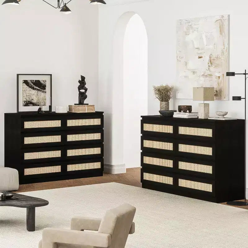 Comò in Rattan per Camera da Letto, Comò Doppio a 8 Cassetti con Guide Metalliche Scorrevoli, Cassettiera Moderna in Legno per Cabina Armadio, Soggiorno, Corridoio