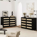 Comò in Rattan per Camera da Letto, Comò Doppio a 8 Cassetti con Guide Metalliche Scorrevoli, Cassettiera Moderna in Legno per Cabina Armadio, Soggiorno, Corridoio