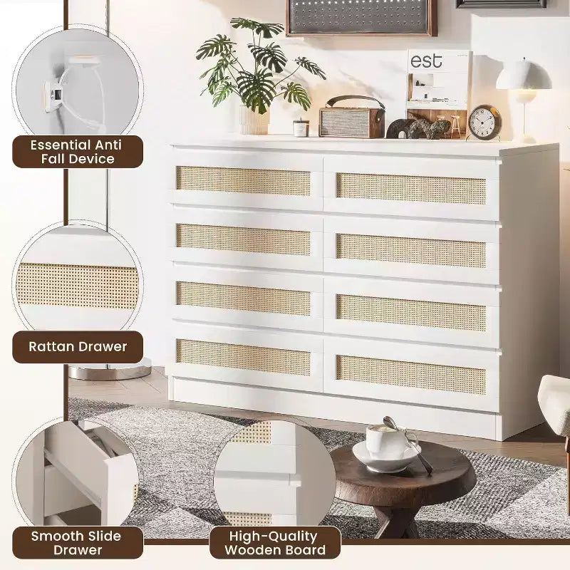 Comò in Rattan per Camera da Letto, Comò Doppio a 8 Cassetti con Guide Metalliche Scorrevoli, Cassettiera Moderna in Legno per Cabina Armadio, Soggiorno, Corridoio