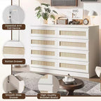 Comò in Rattan per Camera da Letto, Comò Doppio a 8 Cassetti con Guide Metalliche Scorrevoli, Cassettiera Moderna in Legno per Cabina Armadio, Soggiorno, Corridoio