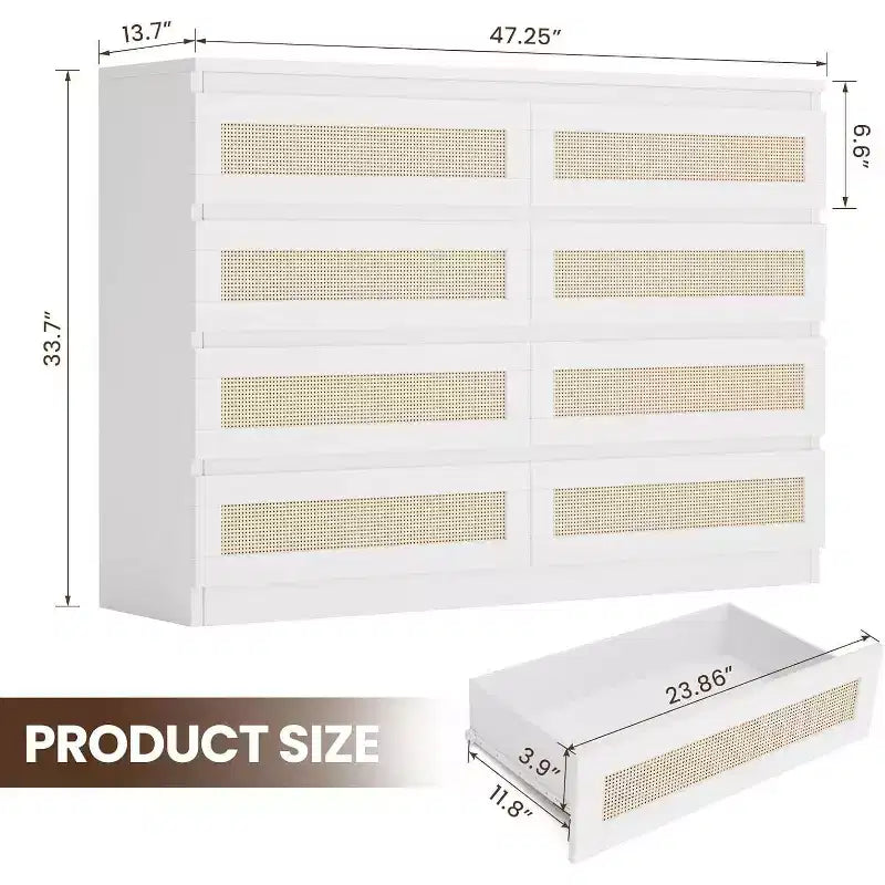 Comò in Rattan per Camera da Letto, Comò Doppio a 8 Cassetti con Guide Metalliche Scorrevoli, Cassettiera Moderna in Legno per Cabina Armadio, Soggiorno, Corridoio