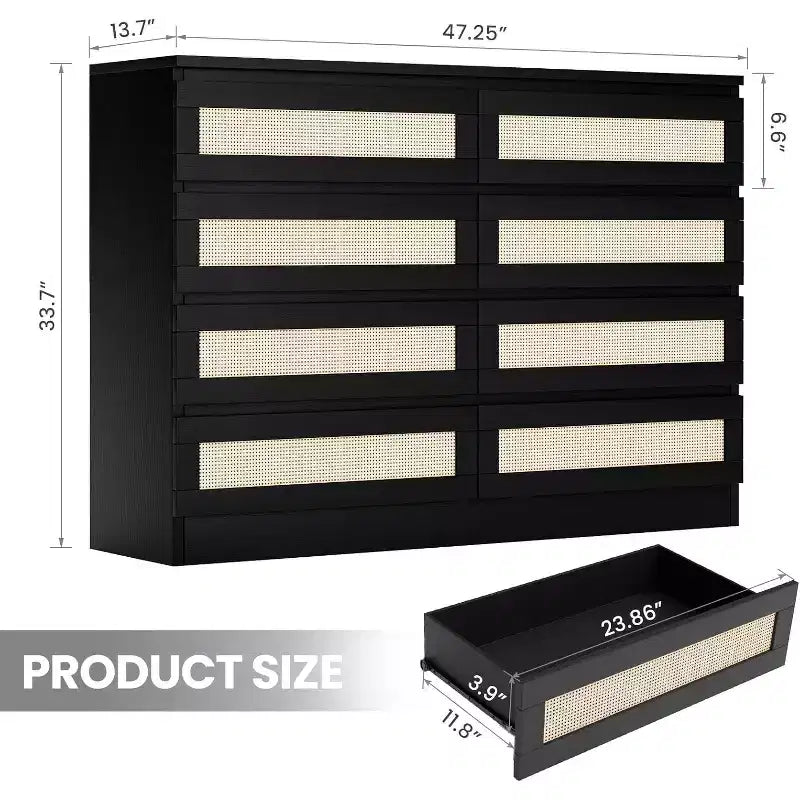 Comò in Rattan per Camera da Letto, Comò Doppio a 8 Cassetti con Guide Metalliche Scorrevoli, Cassettiera Moderna in Legno per Cabina Armadio, Soggiorno, Corridoio