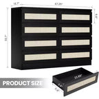 Comò in Rattan per Camera da Letto, Comò Doppio a 8 Cassetti con Guide Metalliche Scorrevoli, Cassettiera Moderna in Legno per Cabina Armadio, Soggiorno, Corridoio