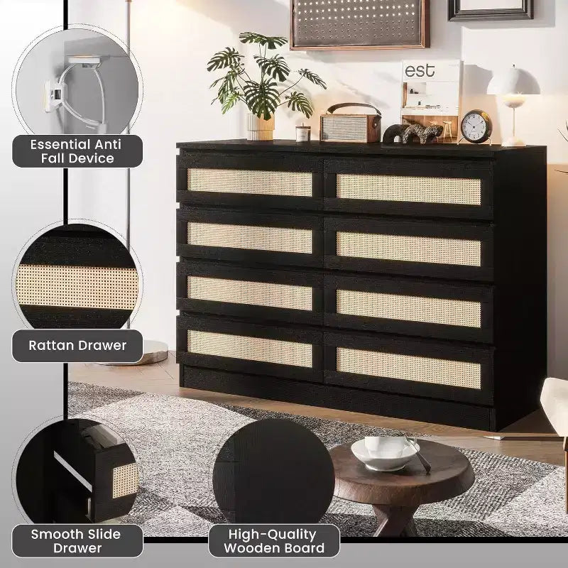 Comò in Rattan per Camera da Letto, Comò Doppio a 8 Cassetti con Guide Metalliche Scorrevoli, Cassettiera Moderna in Legno per Cabina Armadio, Soggiorno, Corridoio