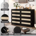 Comò in Rattan per Camera da Letto, Comò Doppio a 8 Cassetti con Guide Metalliche Scorrevoli, Cassettiera Moderna in Legno per Cabina Armadio, Soggiorno, Corridoio