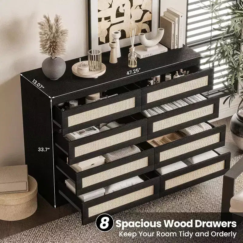 Comò in Rattan per Camera da Letto, Comò Doppio a 8 Cassetti con Guide Metalliche Scorrevoli, Cassettiera Moderna in Legno per Cabina Armadio, Soggiorno, Corridoio