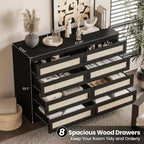 Comò in Rattan per Camera da Letto, Comò Doppio a 8 Cassetti con Guide Metalliche Scorrevoli, Cassettiera Moderna in Legno per Cabina Armadio, Soggiorno, Corridoio
