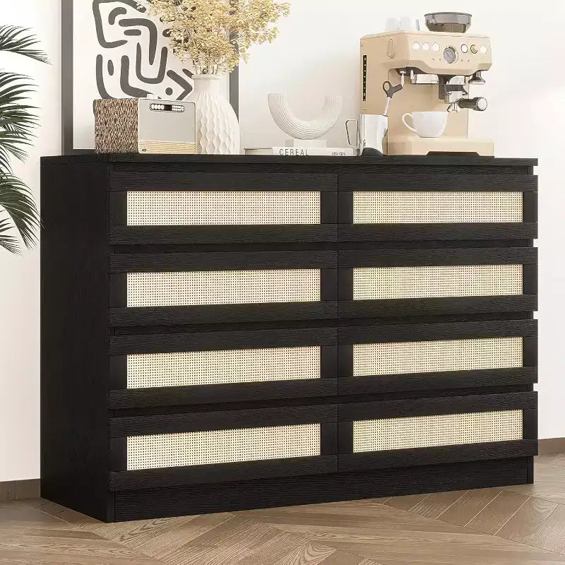 Comò in Rattan per Camera da Letto, Comò Doppio a 8 Cassetti con Guide Metalliche Scorrevoli, Cassettiera Moderna in Legno per Cabina Armadio, Soggiorno, Corridoio