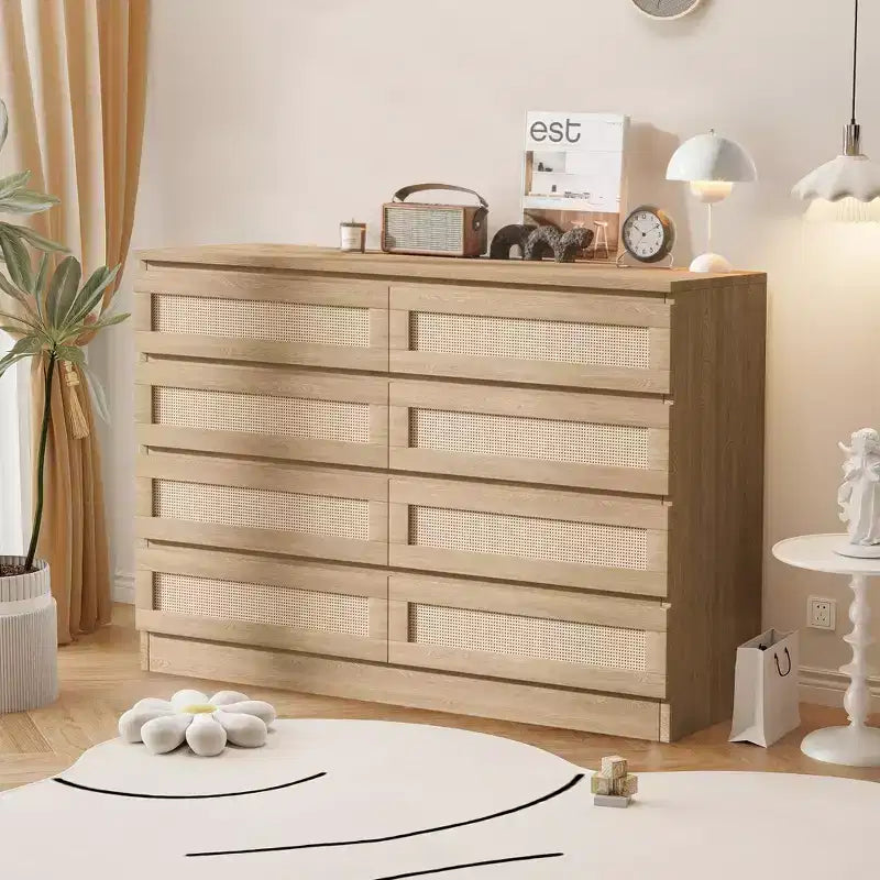 Comò in Rattan per Camera da Letto, Comò Doppio a 8 Cassetti con Guide Metalliche Scorrevoli, Cassettiera Moderna in Legno per Cabina Armadio, Soggiorno, Corridoio