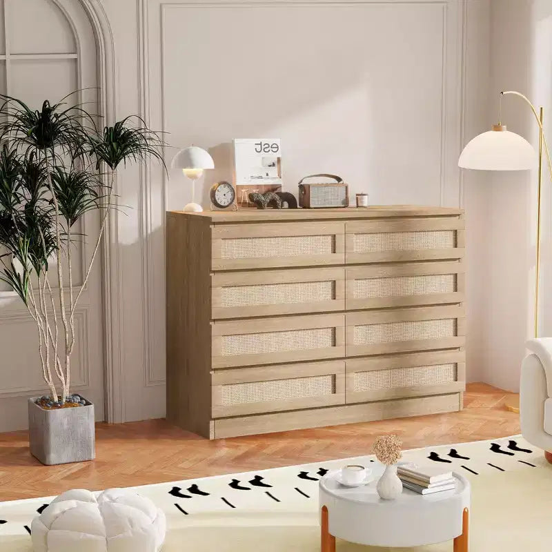 Comò in Rattan per Camera da Letto, Comò Doppio a 8 Cassetti con Guide Metalliche Scorrevoli, Cassettiera Moderna in Legno per Cabina Armadio, Soggiorno, Corridoio