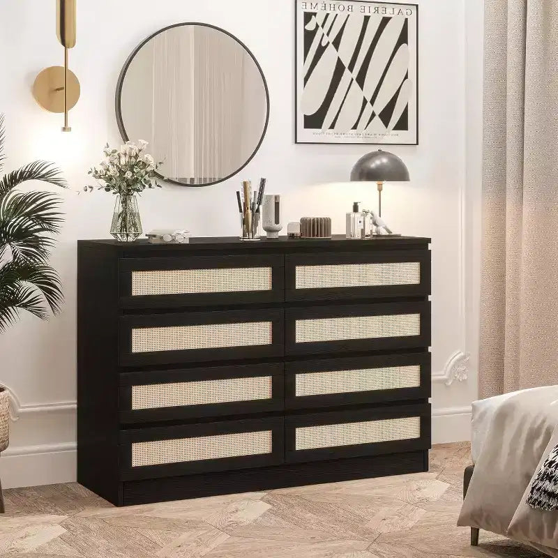 COZONY Rattan Dresser for Bedroom, 8-Drawer Double Dresser with Smooth Metal Slides, Modern Wood Chest of Drawers for Closet Living Room Hallway