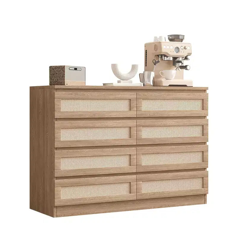 Comò in Rattan per Camera da Letto, Comò Doppio a 8 Cassetti con Guide Metalliche Scorrevoli, Cassettiera Moderna in Legno per Cabina Armadio, Soggiorno, Corridoio