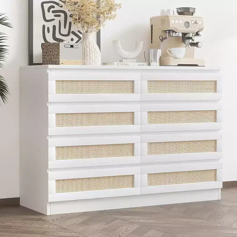Comò in Rattan per Camera da Letto, Comò Doppio a 8 Cassetti con Guide Metalliche Scorrevoli, Cassettiera Moderna in Legno per Cabina Armadio, Soggiorno, Corridoio