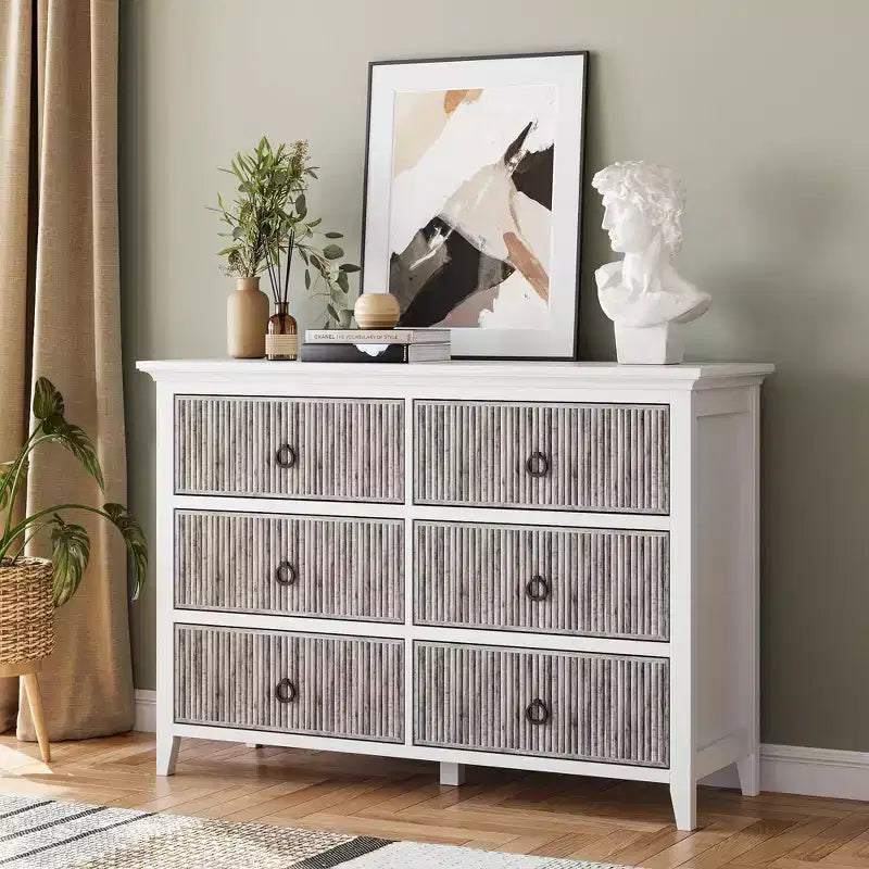 Dresser 6 Drawer Dresser for Bedroom, Modern Fluted Dresser with Solid Wood Legs, Long Double Wooden Dresser Large Chest of Drawers